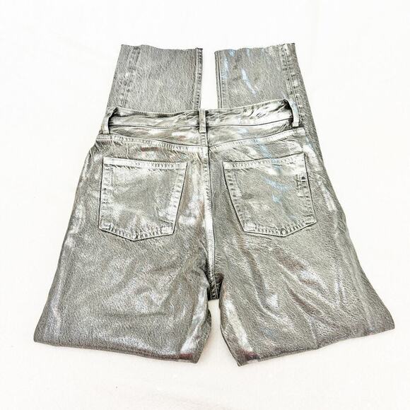 Zara Coated Silver Gray Metallic Denim Jeans Raw Hem Straight Leg Size 4 - Picture 5 of 10